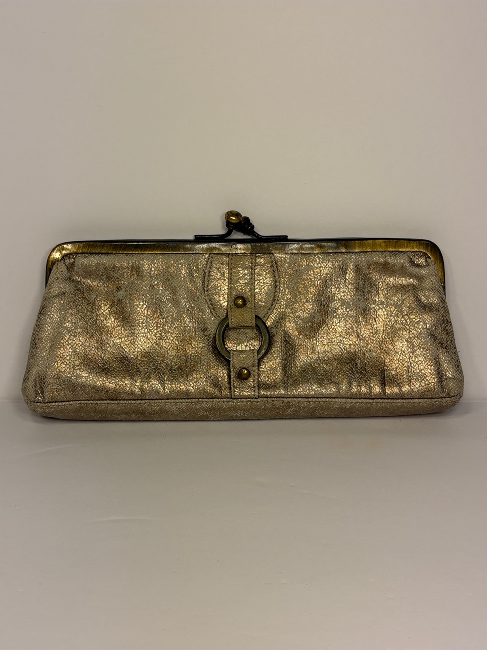 Metallic Gold Frame Wristlet Clutch with Decorative Ring